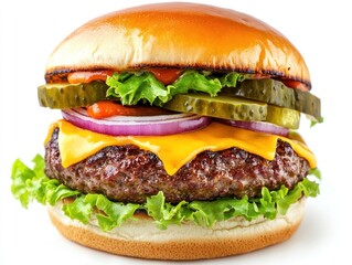 A traditional cheeseburger showcasing a succulent beef patty layered with pickles cheese tomato onion and lettuce isolated on a white background.