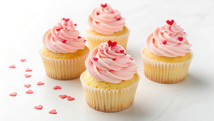 Mini strawberry cupcakes with frosting swirls and tiny heart sprinkles, HD, white background