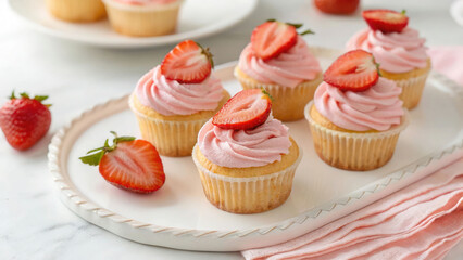 "Mini strawberry cupcakes with pink frosting and strawberry slices, pastel aesthetic"