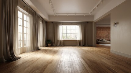 Fototapeta premium Sunlit empty room with hardwood floors and sheer curtains. A tranquil and minimalist interior design.