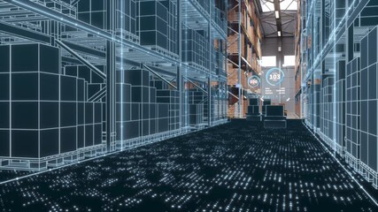 Warehouse Digitization and Digital Automation: AGV robots transporting cardboard boxes in logistics center. Graphic effects visualize optimized warehouse management. 3d rendering animation.