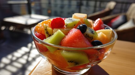 Colorful fruit salad in a glass bowl filled with various fruits, perfect for summer