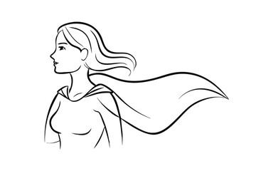 Line Art Of A Confident Woman With Flowing Cape Digital Illustration For Heroism And Empowerment Themes With Blank Space