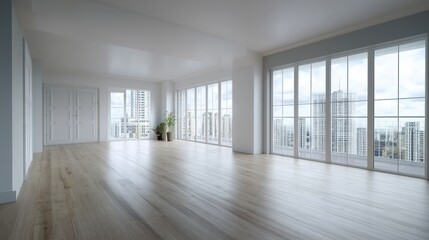 Fototapeta premium Bright, airy empty apartment with hardwood floors and floor to ceiling windows offering a stunning city view. Perfect for a modern minimalist lifestyle.