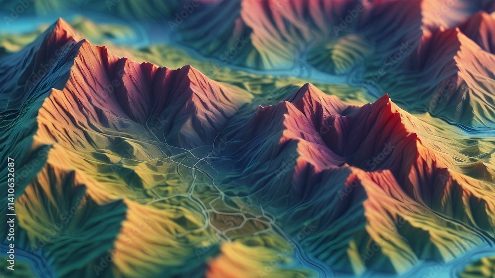 Poster aerial view of a colorful mountain range with rivers and valleys in a stylized rendering