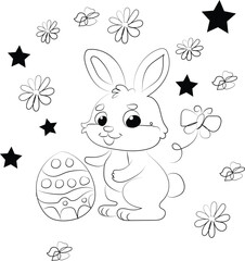 Cute cartoon easter bunny rabbit with pink ears and happy spring holiday eggs vector illustration