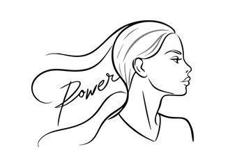 Elegant Woman Portrait Line Art Design With Power Text For Empowerment And Strength Minimalist Style In Black And White