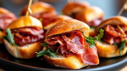 A close-up view of mini sandwiches filled with delicious cured meats and fresh arugula, perfect for appetizers or party platters, appealing to food lovers and gourmet trends.