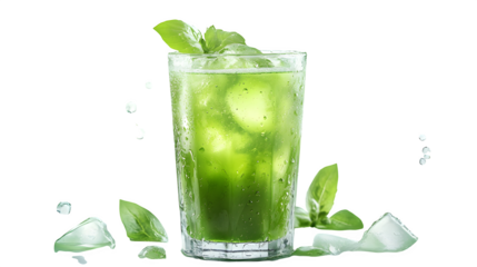 Realistic tall glass of green juice with ice cubes and condensation, on a white background.