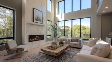 Naklejka premium Modern living room with asymmetrical window placement 