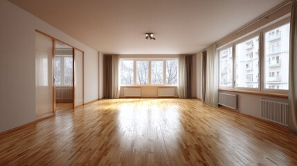 Obraz premium Empty room with hardwood floors and large windows. Sunlight streams in, illuminating the space. Neutral tones and minimalist design.
