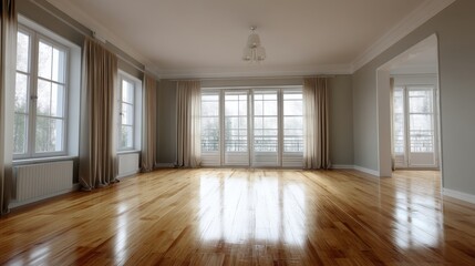 Obraz premium Bright and airy empty room with hardwood floors and large windows, perfect for showcasing furniture or home design.
