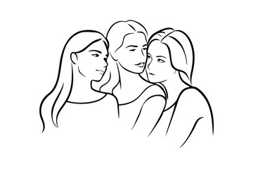 Three Young Women Illustration In Black And White Vector Art Elegant Minimalist Line Art Drawing For Social Media Design And Creative Projects