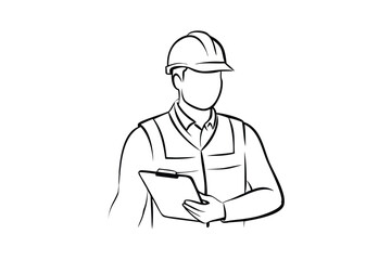 Engineer With Hard Hat Holding Clipboard Line Art Illustration Vector For Industrial Or Construction Projects Design Minimalist And Clean Style
