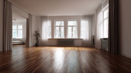 Obraz premium Bright, airy living room with hardwood floors and sheer curtains. Sunlight streams through large windows, creating a tranquil atmosphere.