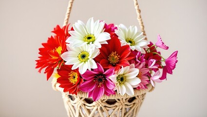 Obraz premium Macrame Holder with Red, Gold, and White Delosperma, Fuchsia, and Agapanthus