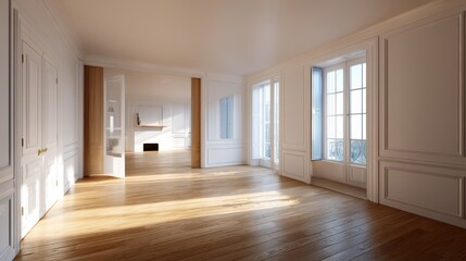 Obraz premium Sunlight streams into a spacious, empty room with hardwood floors and elegant white walls. The interior design is classic and sophisticated.