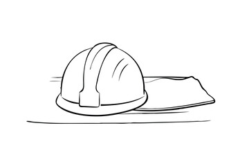 Isolated Line Art Illustration Of Hardhat And Blueprint For Construction And Safety Projects Minimalistic Design