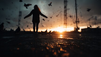 Fototapeta premium Silhouette of person surrounded by birds at sunset, creating a serene and dramatic outdoor scene.