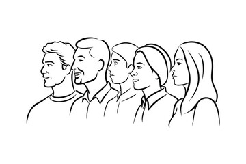 Diverse Group Of People Illustration Profile Views Minimalist Black And White Line Art Showing Community Teamwork And Social Connections With Copy Space
