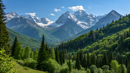 Obraz premium Breathtaking summer day in wild mountains with coniferous forest and green slopes. Location place Carpathian mountains, Ukraine, Europe. Sunshine vibe. Photo wallpaper. Discovery the beauty of earth