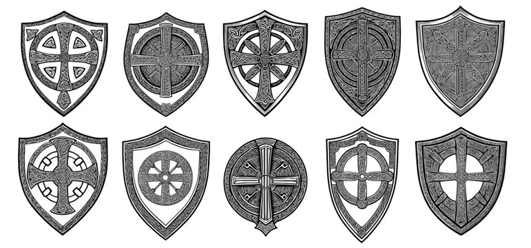 Celtic Cross Shields with Knotwork in Woodcut Style Black and White,vintage,engraved,ink hand drawn illustration, vector.