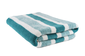 Carefully folded soft striped bath turquoise towel isolated on white, transparent background. Terry cloth, striped pattern towel texture, cotton bath textile or microfiber beach towel material