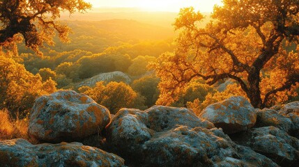 Golden sunset over autumnal hills, viewed from rocky outcrop