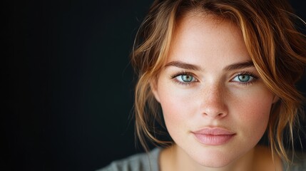 Obraz premium A close-up portrait of a young woman with freckles, exuding confidence and warmth, as her captivating blue eyes draw viewers in amidst an artistically blurred background.