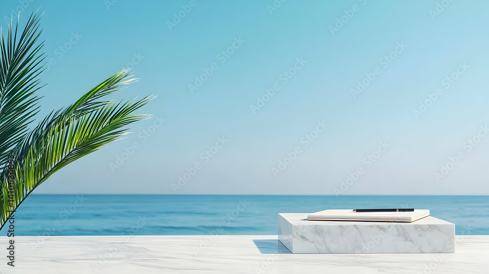 Poster coastal display platform with palm tree and ocean view