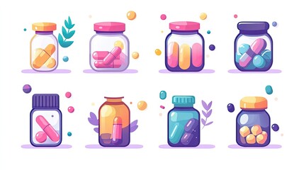 Set of colorful capsules and tablets, medical drug collection, flat style vector illustration on white