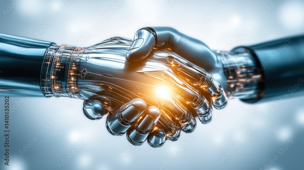 Poster digital handshake between human and robot, showcasing technology integration and collaboration in mo