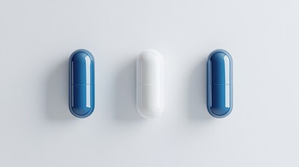 Set of white and blue capsules isolated on white background, top view