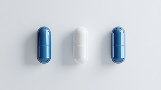 Set of white and blue capsules isolated on white background, top view