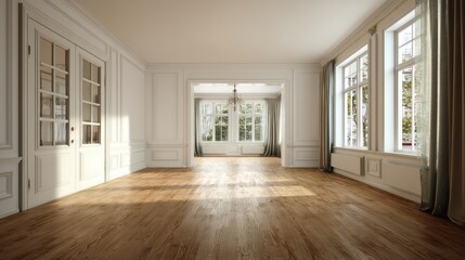 Obraz premium Sunlit empty room with hardwood floors, tall windows, and elegant white walls. Perfect for staging or design inspiration.