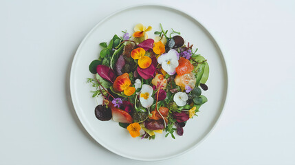 Top view of artistic edible flower salad with vibrant colors and fresh herbs on white plate.