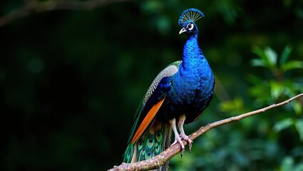 Obraz premium Majestic Peacock on Branch, Displaying Blue Plumage
