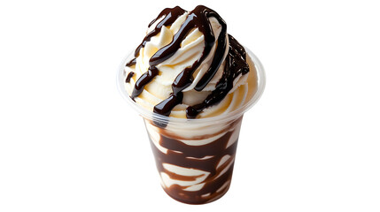 Vanilla soft serve ice cream with chocolate syrup in a plastic cup on a white background 