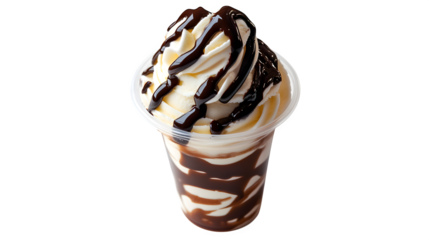 Vanilla soft serve ice cream with chocolate syrup in a plastic cup on a white background 