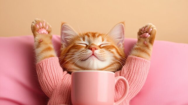Adorable Ginger Kitten Relaxing with a Cup in Cozy Pink Sweater