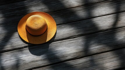 Minimalist Rustic Charm: Straw Hat on Weathered Wooden Deck with Playful Shadows