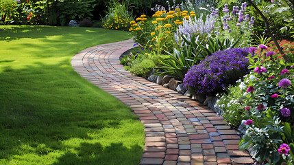 Obraz premium Winding brick pathway through a beautifully landscaped garden. Lush green lawn borders vibrant flowerbeds in full bloom under sunlight. 
