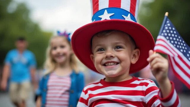 Happy child celebrating Independence Day with American flag  