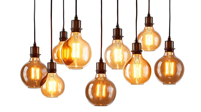 A row of vintage light bulbs hanging from the ceiling