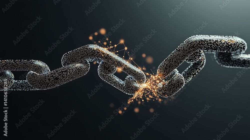 Poster stylized 3d render of a chain breaking apart, with glowing particles signifying disruption or connec
