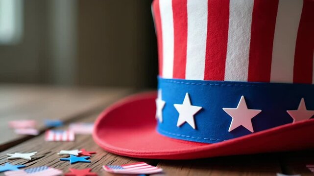 Patriotic Uncle Sam hat with stars and confetti on wooden table  