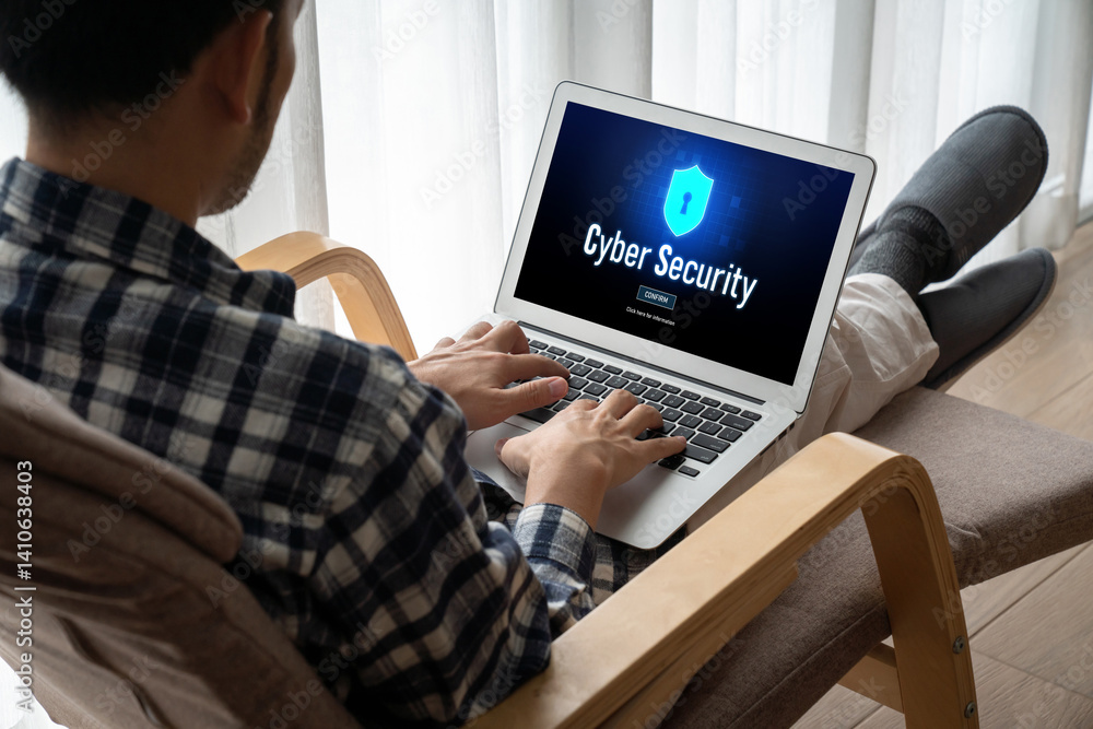 Poster cyber security system on computer screen protect private information snugly from hacker and cyber at