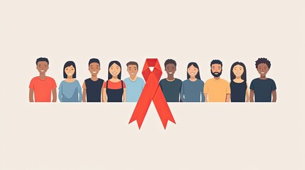 World AIDS Day. Long horizontal banner with red ribbon, space for text and diverse people.