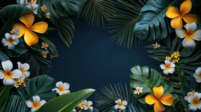 Lush tropical foliage and vibrant plumeria blossoms create a captivating frame against a deep navy backdrop perfect for summer designs and exotic themed projects.
