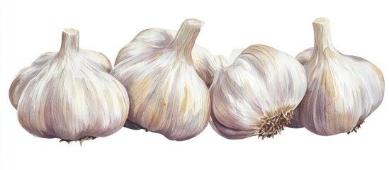 A watercolor painting of fresh garlic cloves isolated on a white background emphasizing the rich textures and delicate details of this vegetable